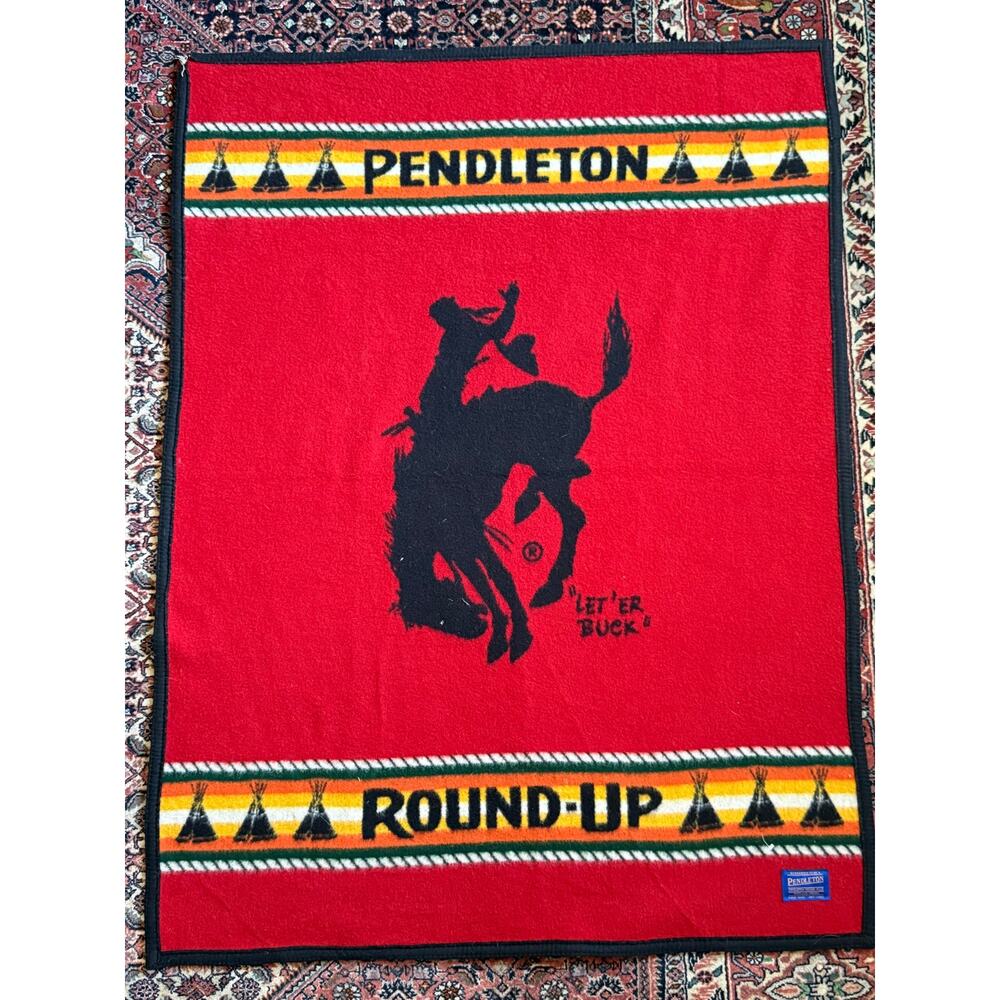 Vintage Pendleton Let Er Buck Wool Blanket Red Pendleton